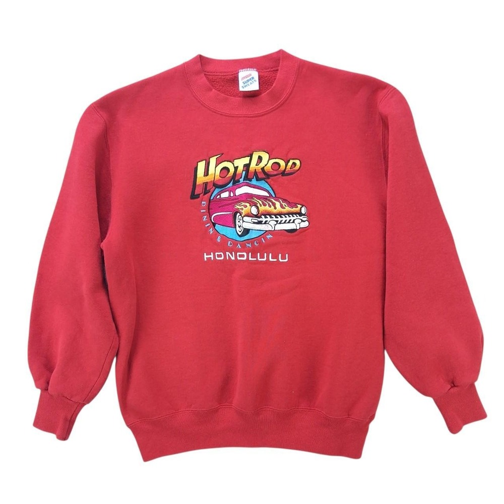 Vintage Jerzees Super Sweats Red Hot Rod Honolulu Graphic Sweatshirt Mens Medium